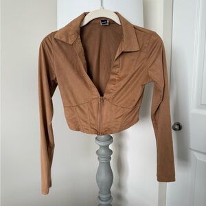Suede Brown Long Sleeve Zip-Up Top